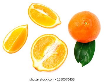 sliced orange with green leaf isolated on white background top view - Shutterstock ID 1850576458