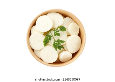Sliced palm heart palmetto salad in ceramic bowl isolated on white background. Low carb food