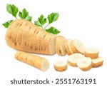 sliced parsnip root isolated on white background. clipping path