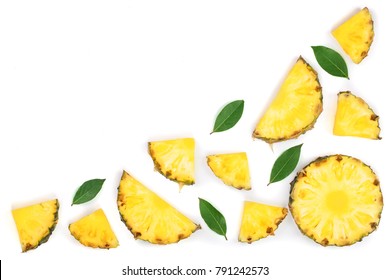 Sliced pineapple with green leaves isolated on white background with copy space for your text. Top view