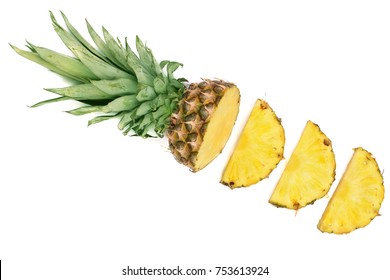 Sliced Pineapple Isolated On White Background. Top View. Flat Lay Pattern.