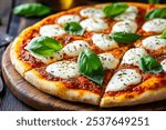 Sliced pizza margherita is garnished with fresh basil leaves and sits on a wooden board, creating an inviting presentation for pizza lovers