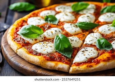 Sliced pizza margherita is garnished with fresh basil leaves and sits on a wooden board, creating an inviting presentation for pizza lovers