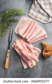 Sliced Pork Ham On Kitchen Table. Top View.