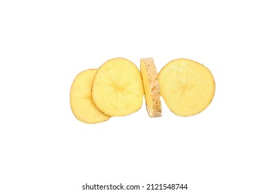Sliced potatoes isolated on white background. View from above. Flat layout.