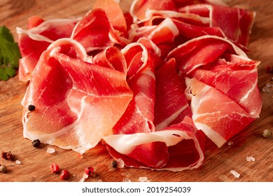 Sliced Prosciutto Parma, Italian Delicacy, Top View, Horizontal, No People,