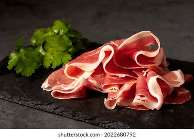 Sliced Prosciutto Parma, Italian Delicacy, Top View, Horizontal, No People,