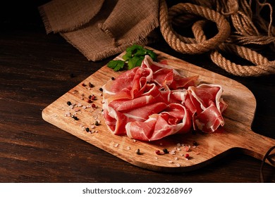 Sliced Prosciutto Parma, Italian Delicacy, Top View, Horizontal, No People,