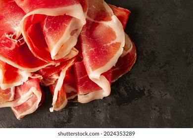 Sliced Prosciutto Parma, Italian Delicacy, Top View, Horizontal, No People,