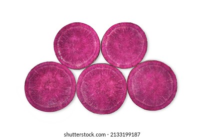 Sliced Purple Sweet Potato Isolated On White Background. Top View