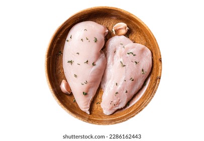Sliced raw Chicken breast fillet, poultry meat steaks in plate. B Isolated on white background. - Shutterstock ID 2286162443