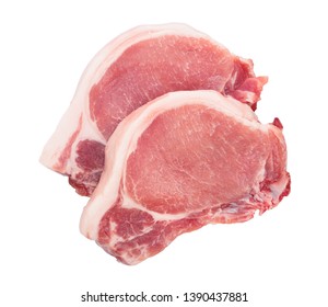 Sliced Raw Pork Meat Isolated On White Background. Top View. Flat Lay