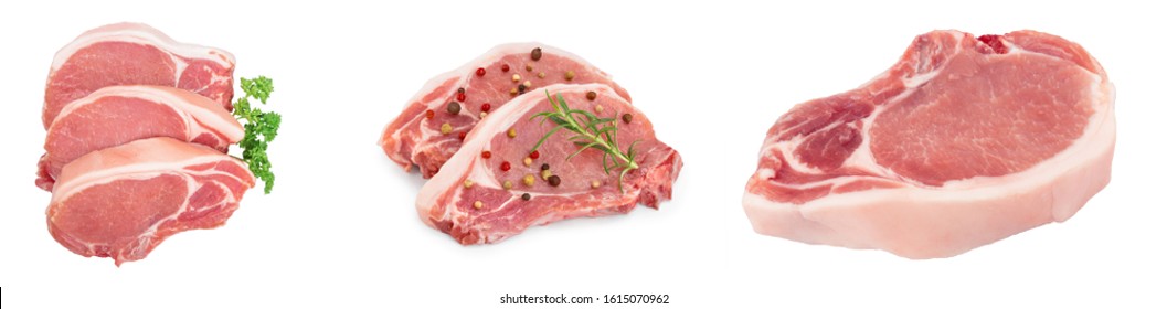 sliced raw pork meat isolated on white background. Top view. Flat lay. Set or collection