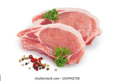 sliced raw pork meat with parsley and peppercorn isolated on white background - Shutterstock ID 1419942758