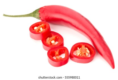 Sliced Red Chili Or Chilli Cayenne Pepper Isolated On White  Background Cutout.