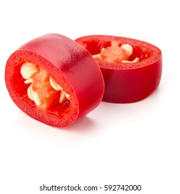 Sliced Red Chili Or Chilli Cayenne Pepper Isolated On White  Background Cutout.