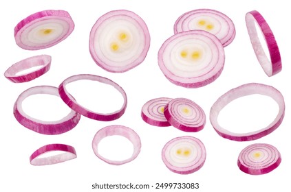 Sliced red onion and half of a purple onion on a white background, featuring onion rings and slices displayed in a set