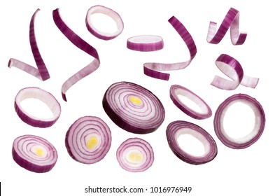 Sliced red onion isolated on white background. Set of red onion slices isolated on a white background.  Closeup