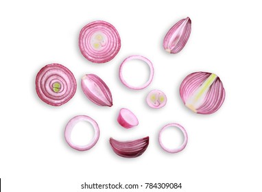 sliced red onion isolated on white background ,flat lay ,top view