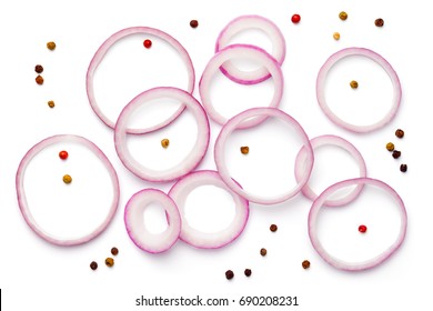 Sliced Red Onion With Peppercorn Isolated On White Background. Top View