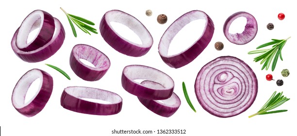 Sliced red onion rings isolated on white background with clipping path, with herbs and spices, collection