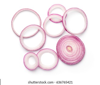 Sliced red onion rings isolated on white background. Top view
