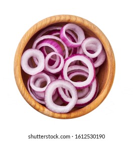 Sliced Red Onion In A Wooden Bowl Isolated , Top View.