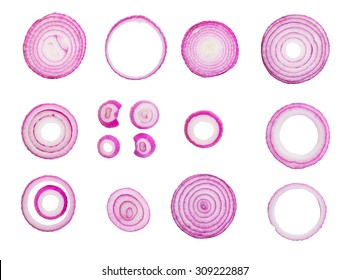 sliced red onions set isolated on white background,top view 