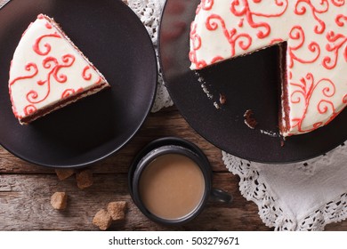 Sliced Red Velvet Cake Close-up And Coffee With Milk On The Table. Horizontal View From Above
