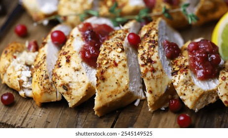 Sliced roasted chicken breast on wood, topped with cranberry sauce, fresh cranberries, and thyme, creating a seasonal holiday meal presentation - Powered by Shutterstock