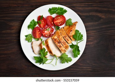 Sliced Roasted Chicken Breast And Vegetable Salad, Top View.