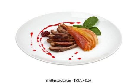 Sliced Roasted Duck Fillet With Pear And Berry Sauce On White Round Plate Isolated On White Background