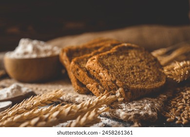 Sliced rye bread on cutting board. Whole grain rye bread with seeds. - Powered by Shutterstock