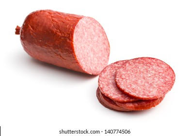 sliced salami on white background