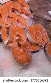 Sliced salmon with selective focus on the Bilbao market