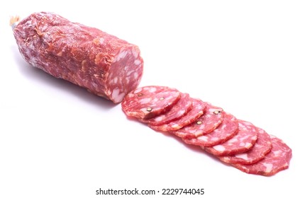 Sliced Smoked dry Salami sausage isolated on white background - Shutterstock ID 2229744045
