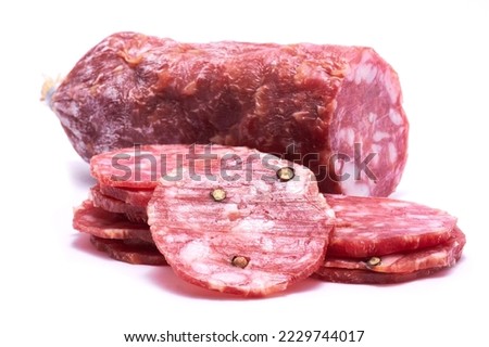 Sliced Smoked dry Salami sausage isolated on white background