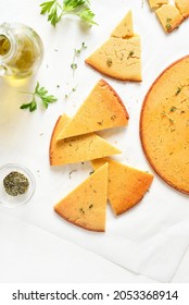 Sliced Socca Gluten-free Chickpea Flatbread. Top View, Flat Lay