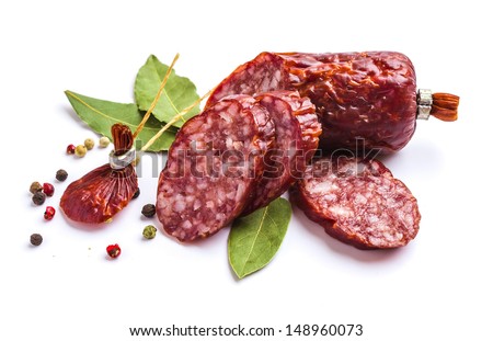 Sliced Ã?Â¢??Ã?Â¢??sausage with spices isolated on white background
