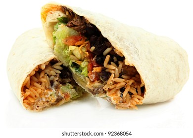 Sliced Steak, Rice, And Bean Burrito On White Background