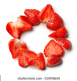 Sliced Strawberry Circle Isolated On White Background, Top View