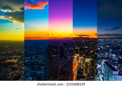 A sliced time lapse photography of panoramic cityscape in Tokyo day to night. Shibuya district Tokyo Japan - 12.03.2019