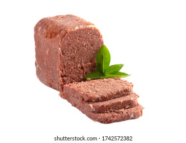 sliced tinned corn beef with garnish isolated on a white background 