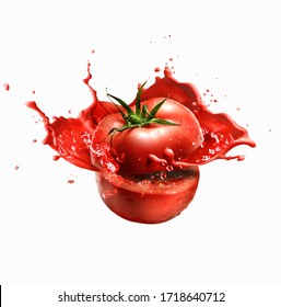 Sliced tomato in half in sauce, juice and drops of water on a white background