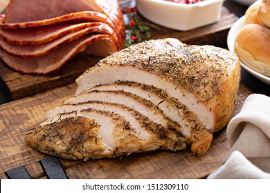 Sliced Turkey On Thanksgiving Or Christmas Dinner Table