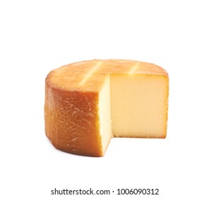 Sliced Wheel Of Cheese Isolated Over The White Background