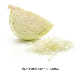 Sliced White Cabbage Quarter And Chopped Stack Isolated On White Background
