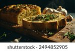 Slices of baked garlic bread. Highlight the golden crust, the soft interior, and the vibrant garlic and herb topping.