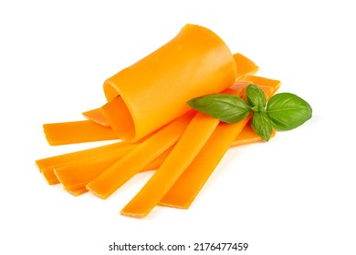 Slices Of Cheddar Cheese With Basil Isolated On White Background