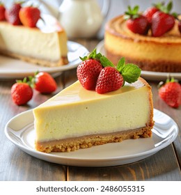 slices of cheese cake on a small plate with fruit decorations on top, looked very sweet and delicious - Powered by Shutterstock